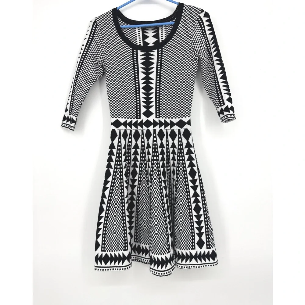 Nina Leonard Womens XS Black White Geometric‎ Jacquard Fit Flare Sweater Dress